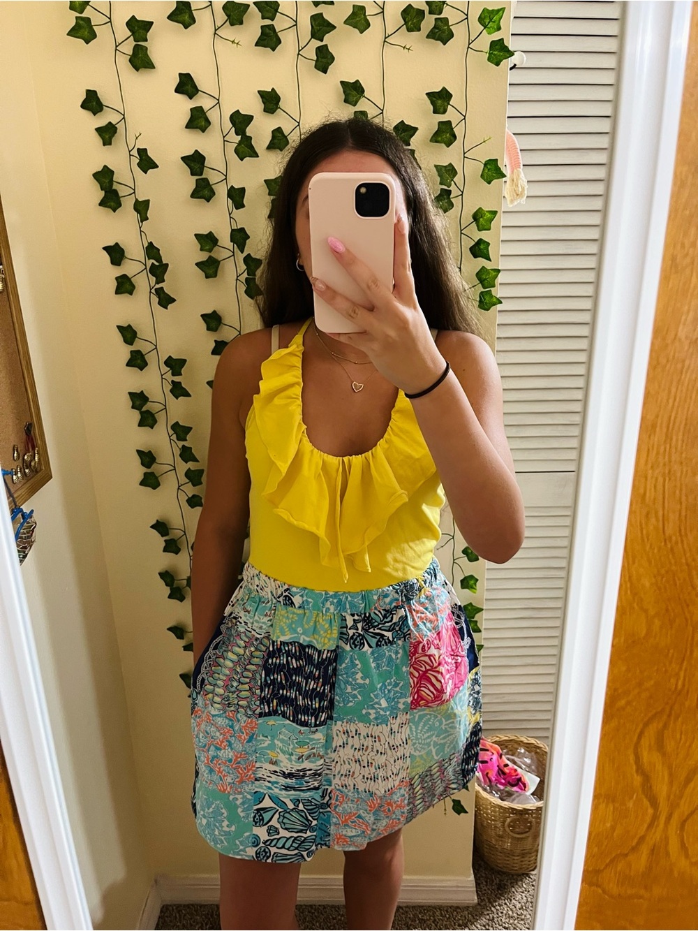 Lilly Pulitzer Yellow Ruffle Halter Dress with Blue Pink Patchwork Skirt